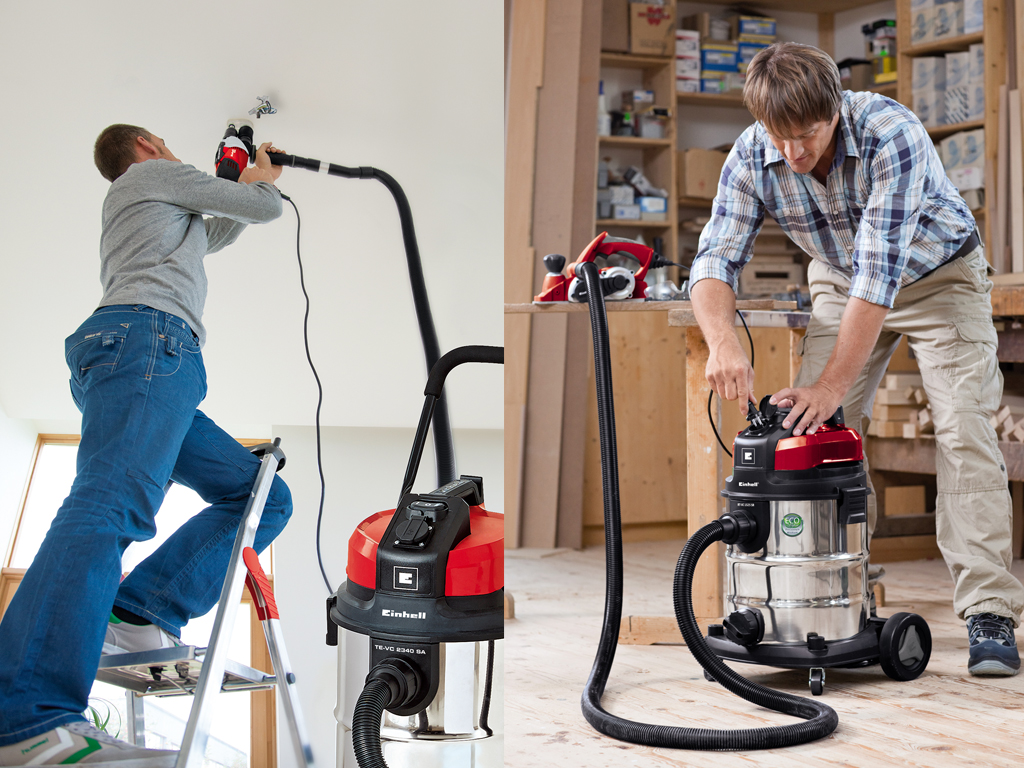 on the left side a man is drilling a hole in the ceiling on the right side a sander is lying on a wooden board. Both are connected to the vacuum cleaner.