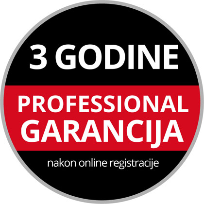 Round Warranty Logo with the text "3-Year Professional Warranty, upon Online Registration" on a black and red background.