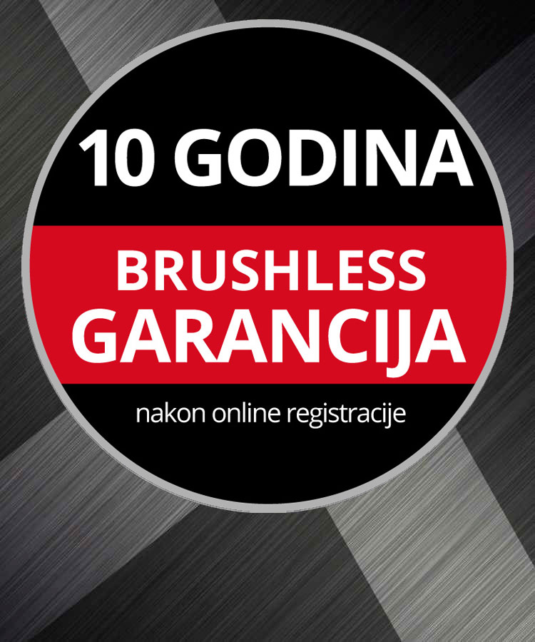 Round Warranty Logo with the text "10-Year Brushless Warranty, upon Online Registration" on a grey background.