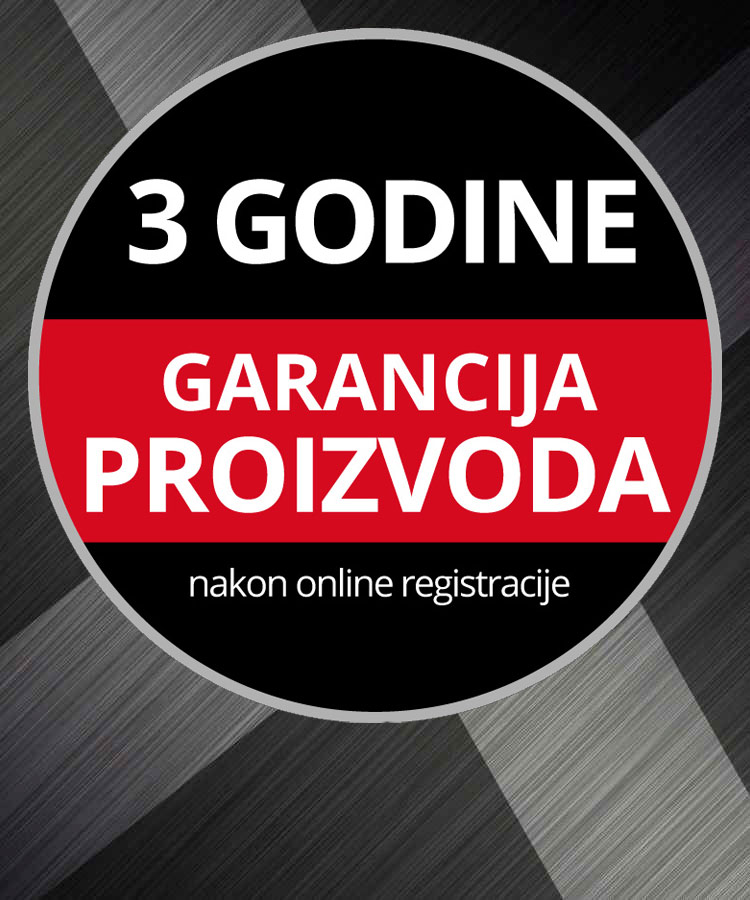 Round Warranty Logo with the text "3-Year Product Warranty, upon Online Registration" on a grey background.