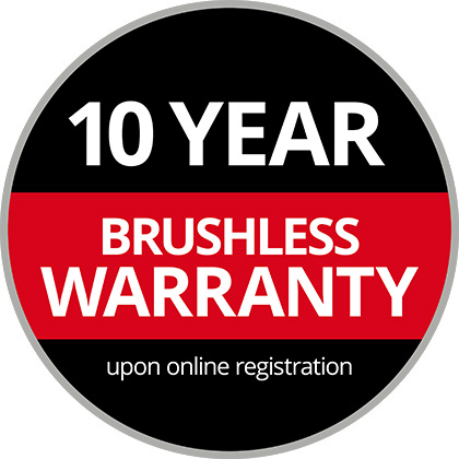 Round Warranty Logo with the text "10-Year Brushless Warranty, upon Online Registration" on a black and red background.