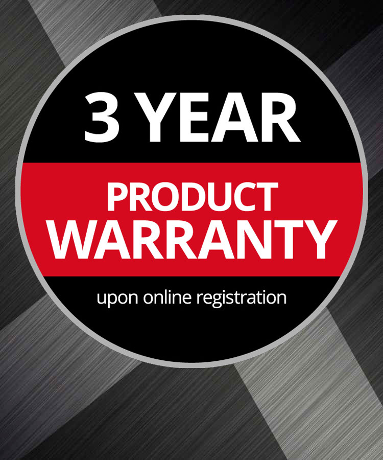 Round Warranty Logo with the text "3-Year Product Warranty, upon Online Registration" on a grey background.